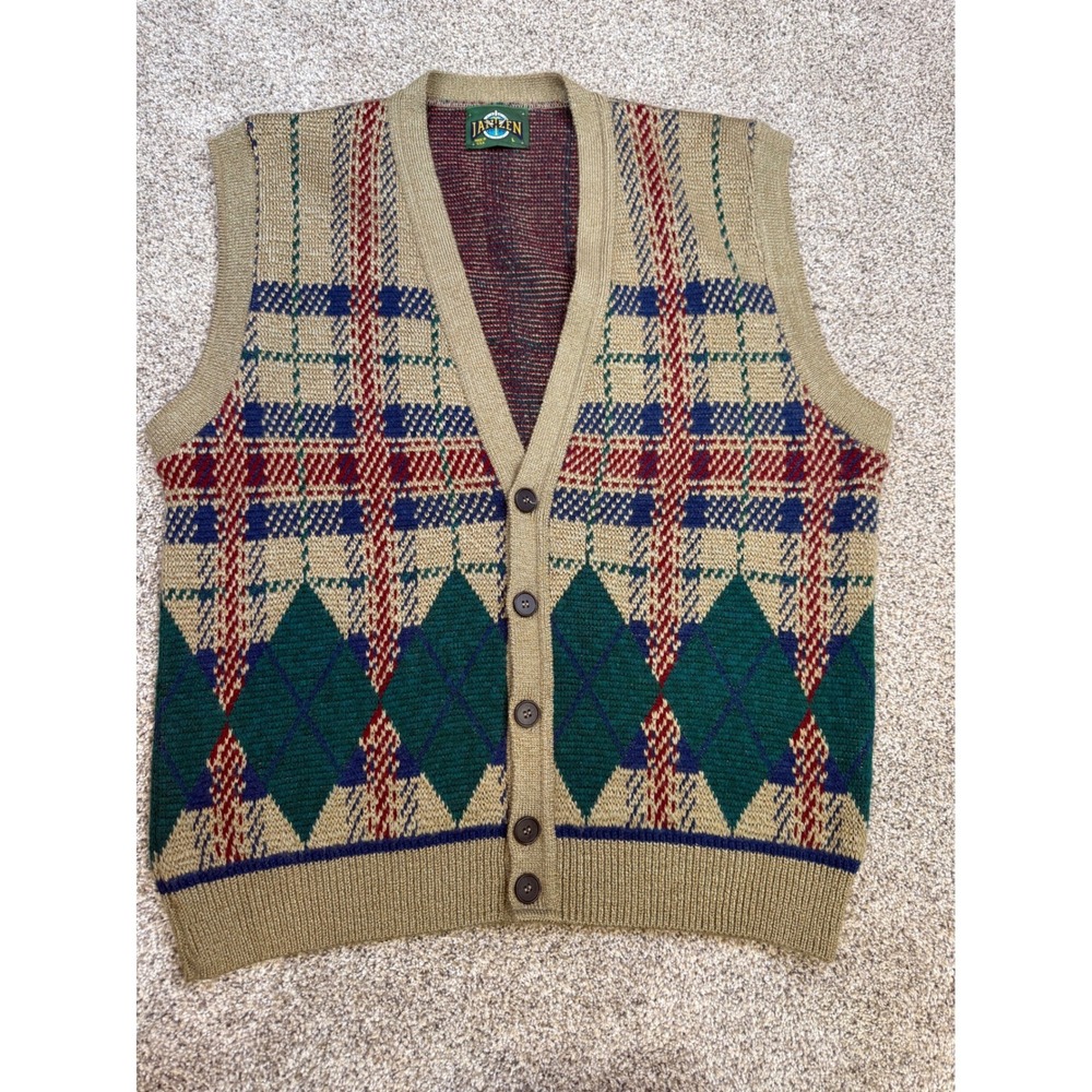Vintage Jantzen Argyle Plaid‎ Sweater Vest Mens Large Tan Green Made in USA Knit